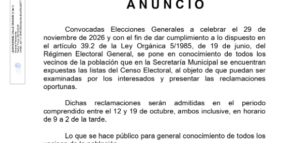 Anuncio del periodo de consultas del Censo Electoral y presentación de alegaciones