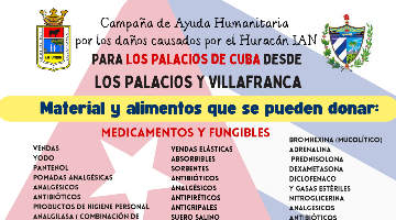 Campaña de ayuda humanitaria por los daños causados por el huracán IAN, para Los Palacios de Cuba desde Los Palacios y Villafranca